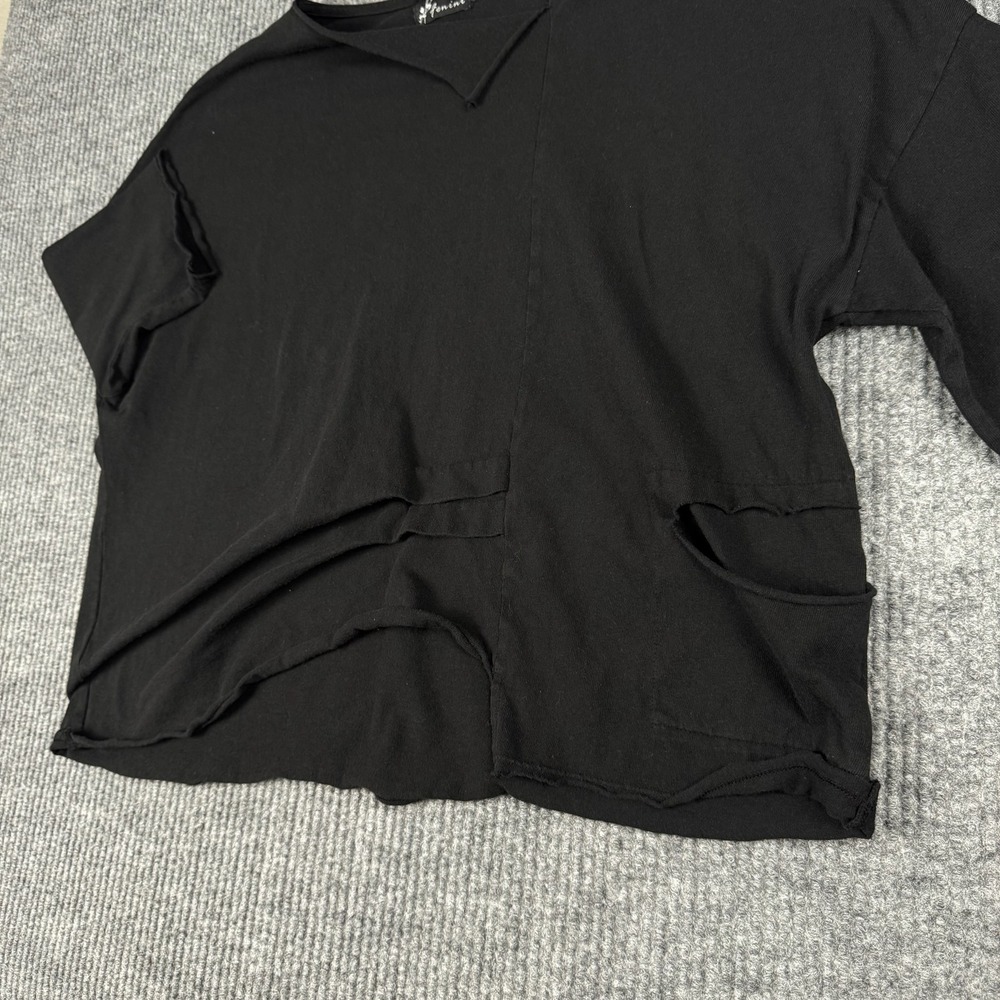 Fenini Top Womens M Black Asymmetric Raw Hem Pocket Short Sleeve USA Made Cotton - Picture 6 of 10